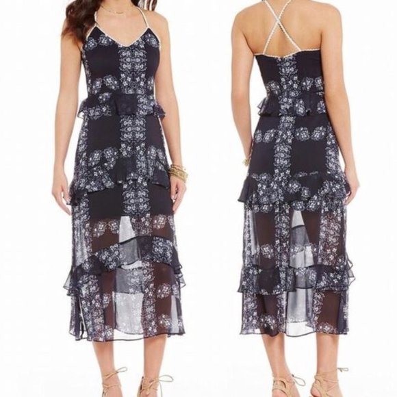 Gianni Bini Midi-Maxi Navy Blue Floral Ruffle Slip Dress Size M - Picture 3 of 16